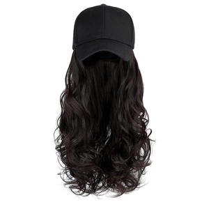 Detail view of high-quality black synthetic wavy hair extension attached to a baseball cap