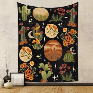 Bohemian cactus and desert sunset tapestry for room wall decor with star patterns