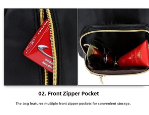 Detail view of black nylon backpack showing gold zippers and front pocket capacity