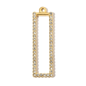 Detail of gold rectangular hollow pendant with sparkling crystal inlay and hanging ring