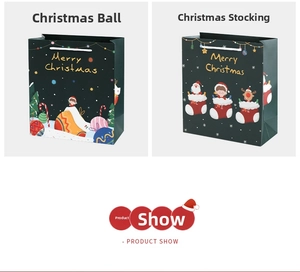 Detail view of dark green Christmas paper gift bags with festive cartoon illustrations