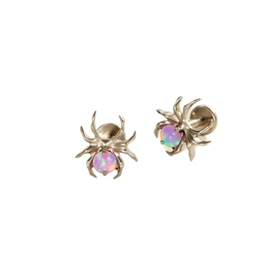 Titanium pink opal spider labret studs with internal threading in golden finish