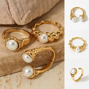 Stainless Steel Shell Artificial Pearl Rings For Women Open Adjustable Lava Texture Twisted Spiral Elegant Retro Jewelry