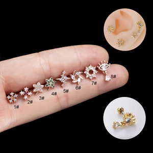 Gold stainless steel stud earrings with flower and star shapes and colorful zircon stones