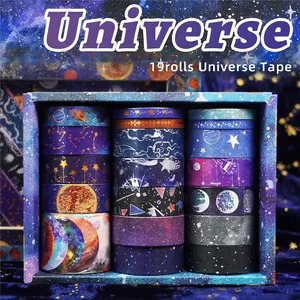 19-roll Universe Washi Tape set with gold foil planets and starry galaxy patterns