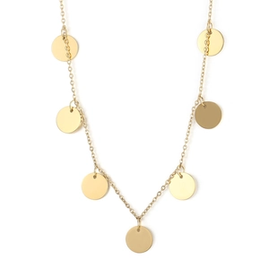 Minimalist gold stainless steel necklace featuring polished round disk pendants on a thin chain
