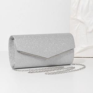 Sparkling silver sequin evening clutch bag with metallic chain strap for women