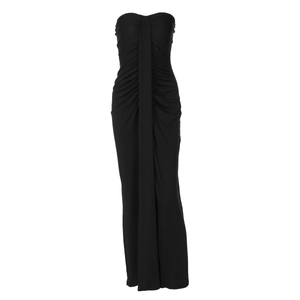 Detail of elegant black strapless evening dress with slimming ruched pleated front design