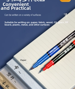 Dual-tip permanent marker showing writing performance on glass, metal, and wood surfaces