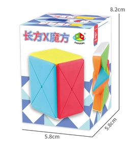 Detailed size view of an X-shaped cuboid puzzle with dimensions and packaging
