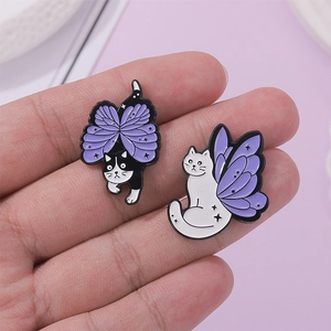 Cute cartoon enamel cat brooches with purple butterfly wings in black and white styles