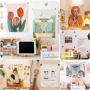 Collage of cute ins-style fabric wall tapestries with cartoon and tulip patterns