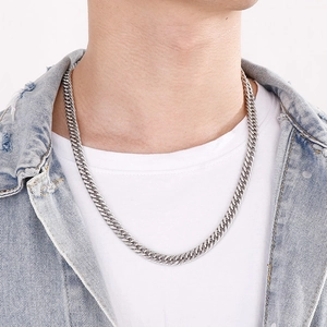 Men's silver titanium steel cuban link chain necklace worn by a model on white tshirt