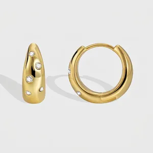 Wide Hoop Earrings Copper With 18K Gold Plating And Scattered White Zircon Simple Geometric Huggie Jewelry For Women