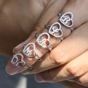 Fashion Adjustable Copper Heart Ring With Sparkling Rhinestones Personalized Cursive English Letter Initial Open Ring For Women