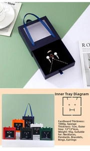 Detail view of drawer-style jewelry boxes showing six colors and premium 1000g thick cardboard