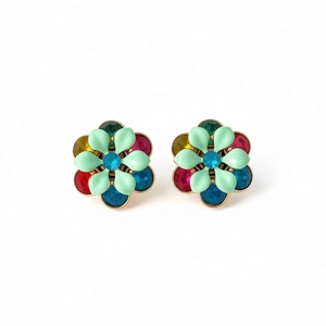 Vintage gold-plated flower earrings with colorful rhinestones and mint green petals