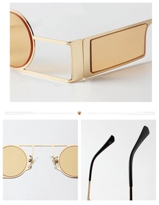Detail view of gold metal hinges, silicone nose pads and CE mark on punk sunglasses