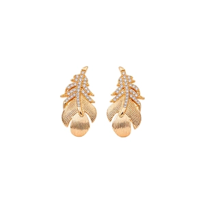 Elegant 18k gold plated feather stud earrings with sparkling clear cubic zirconia stones