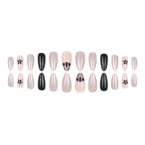 Halloween almond press-on nails set with silver glitter and black star french designs