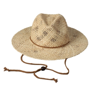 Chapeau de plage boho en paille beige avec bord plat et mentonnière réglable pour femme