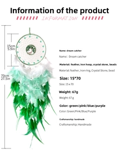 Detail of handmade Tree of Life dream catcher with green feathers and crystal stones