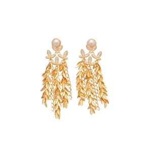 18K gold plated flower fringe earrings with white pearls and sparkling zircon accents
