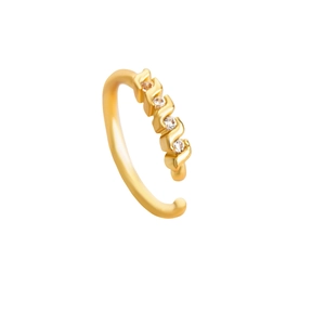 Detailed side view of a gold leaf clip earring featuring sparkling white zircon stones