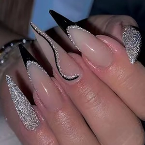 Press On Nails Long Stiletto Silver Glitter Elegant Nude Pink Base Black Wavy Lines French Tip Fashionable For Women