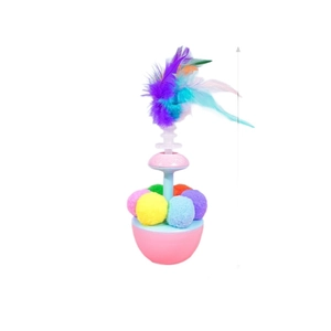 Colorful plush ball tumbler cat toy with feathers and a pink base on white background