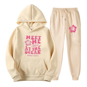 Ensemble sweat à capuche et pantalon beige avec motif floral rose pour hommes et femmes