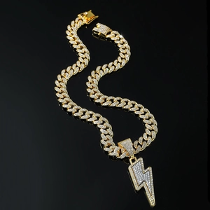 Hip hop gold Cuban chain necklace with sparkling iced out lightning bolt pendant