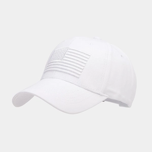 Close-up of white American flag embroidery on premium cotton twill baseball cap