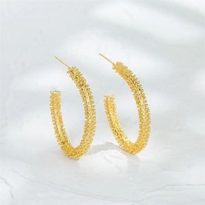 Textured Hoop Earrings 14K Gold Plated Copper C-Shape Granular Design With 925 Sterling Silver Earring Post For Women