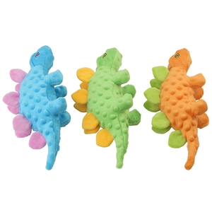 Three colorful 2-in-1 plush dinosaur dog squeak toys with corn kernel fleece texture