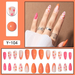 Faux ongles amande French avec cœurs orange et kit de 24 faux ongles press-on Y-104