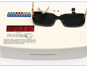 UV400 testing process for square black sunglasses showing UV protection performance