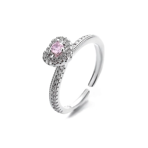 Elegant adjustable ring with heart-shaped pink zircon and micro-paved cubic zirconia