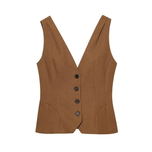 Women's brown linen blend loose vest with four buttons and a V-neckline on white background