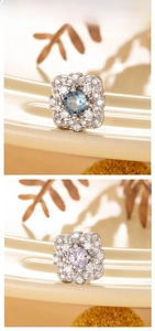 Macro detail of vintage square micro-set flower stud earrings with colorful zircon stones