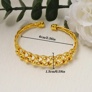 Elegant 24k gold-plated mesh bangle with hollow weave design and golden beads, 6cm diameter
