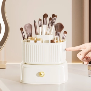 Rotating Makeup Brush Organizer Desktop Cosmetic Storage Box With Drawer PET ABS Vanity Lipstick Holder Luxury Style