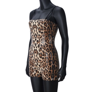 Close-up of leopard print sequins and slim fit cut on the side of a bodycon romper