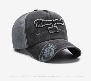 Detail of vintage washed charcoal baseball cap with Newyork embroidery and pattern