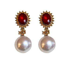 Vintage style cross pearl earrings with red gemstone and gold finish for women