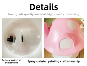 Detail view of pink mushroom lamp base showing battery compartment and food-grade material