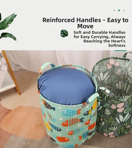 Detail view of large fabric storage baskets with reinforced handles and leaf patterns