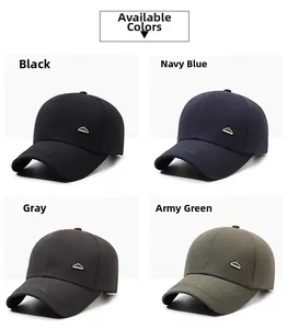 Detail view of baseball caps in black, navy, grey, and army green with metal side logo