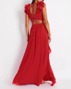 Detailed back view of red two-piece set featuring ruffled shoulders and lace-up back