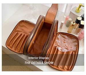 Detail view of large capacity makeup bag interior with brush slots and clear protectors